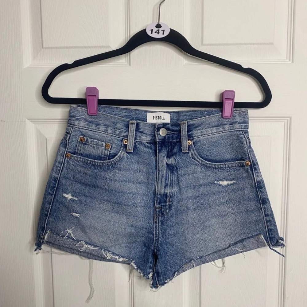 pistola Light Blue Distressed High-Rise Jean Shorts